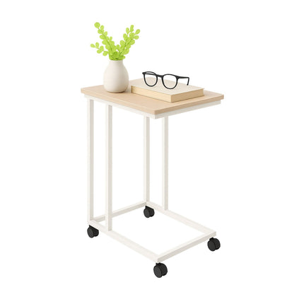 Masă laterală în formă de C cu roți - Blat cu efect de lemn