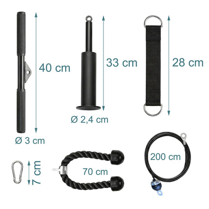 Cable Pulley Set with Triceps Rope and Lat Pulldown Bar, 2 m Steel Cable, Black