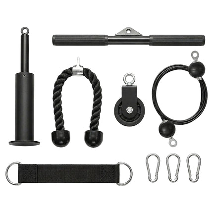 Cable Pulley Set with Triceps Rope and Lat Pulldown Bar, 2 m Steel Cable, Black