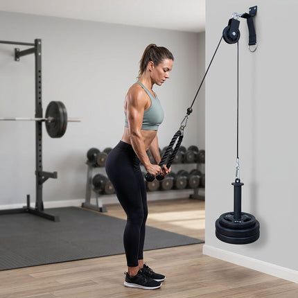 Cable Pulley Set with Triceps Rope and Lat Pulldown Bar, 2 m Steel Cable, Black