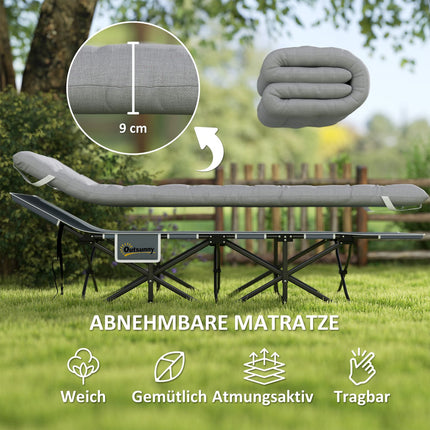 Light gray folding camping bed with mattress and pillow, 150 kg capacity