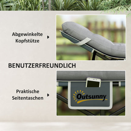Light gray folding camping bed with mattress and pillow, 150 kg capacity