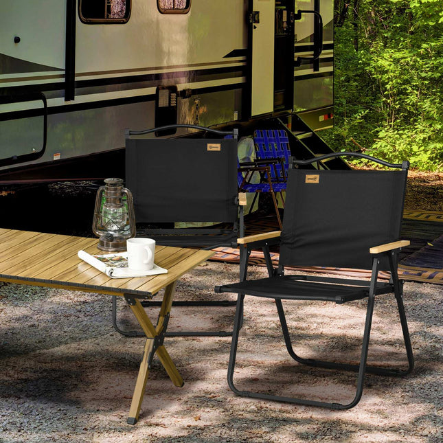 Scaun de camping Set de 2 scaune pliante de gradina cu cadru de otel, aspect lemn, scaune pliante pentru piscina, plaja, Oxford, negru Aosom