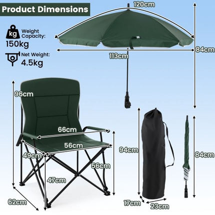 Scaun de camping cu umbrelă reglabilă, pliabil, geantă
