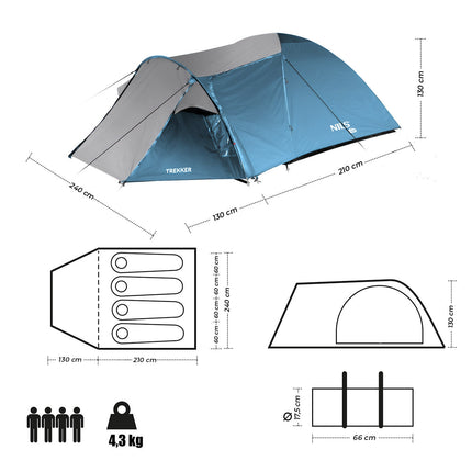 Cort de camping, albastru-gri, 2 persoane, ușor