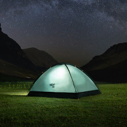 Cort de camping, verde, căderea nopții, 2 persoane