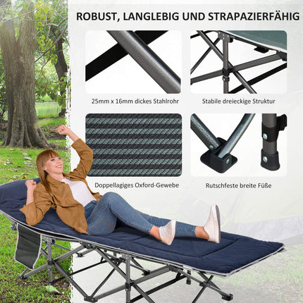 Portable folding camping bed with pillow and side pocket