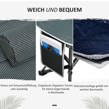 Portable folding camping bed with pillow and side pocket