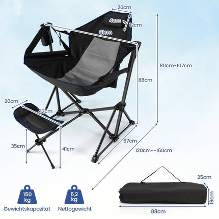 Scaun de camping cu suport pentru picioare &amp; spatar reglabil &amp; tetiera &amp; suport pahare scaun de pescuit negru