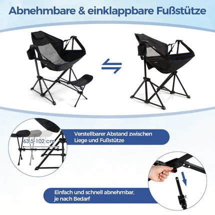 Scaun de camping cu suport pentru picioare &amp; spatar reglabil &amp; tetiera &amp; suport pahare scaun de pescuit negru