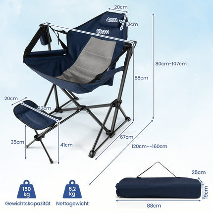 Scaun de camping cu suport pentru picioare &amp; spatar reglabil &amp; tetiera &amp; suport pahare scaun de pescuit bleumarin