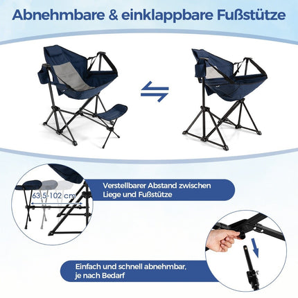 Scaun de camping cu suport pentru picioare &amp; spatar reglabil &amp; tetiera &amp; suport pahare scaun de pescuit bleumarin