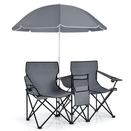 Scaun de camping cu umbrela de soare scaun pliabil dublu cu suport pahare geanta rece gri