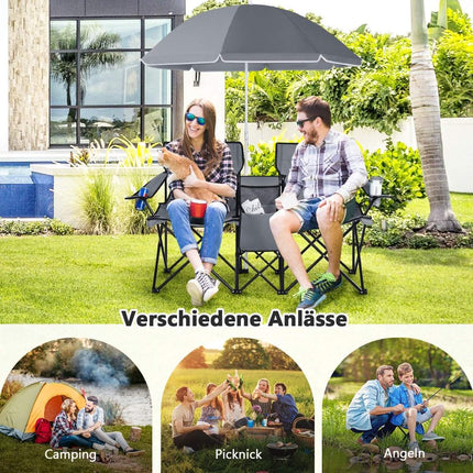 Scaun de camping cu umbrela de soare scaun pliabil dublu cu suport pahare geanta rece gri