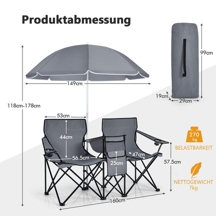 Scaun de camping cu umbrela de soare scaun pliabil dublu cu suport pahare geanta rece gri