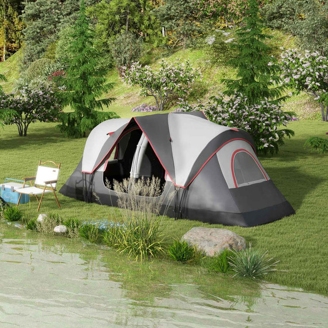 Tunnel camping tent for 8 people - windproof, 2 rooms, gray