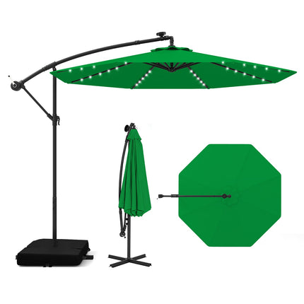 Umbrelă de terasă cantilever 3m, LED solar, manivelă, UV, verde