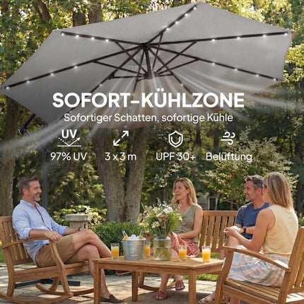 Umbrelă de terasă cantilever, 3x3m, lumini solare LED, rezistentă la UV
