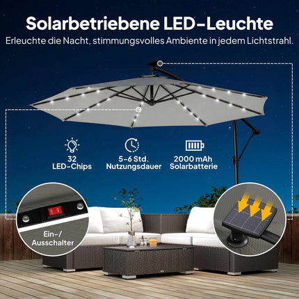 Umbrelă de terasă cantilever, 3x3m, lumini solare LED, rezistentă la UV