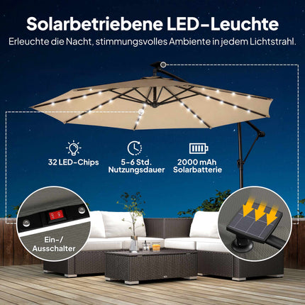 Umbrelă de terasă cu consolă și LED, 3x3m, bej