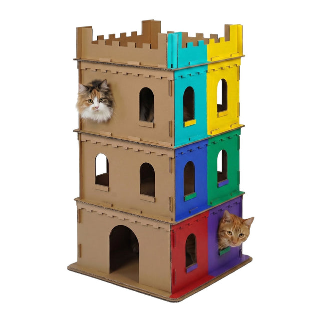 Căsuță din carton pentru pisici, castel XL cu 3 niveluri, fără unelte