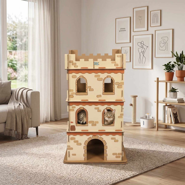 Căsuță din carton pentru pisici, castel XL cu 3 niveluri, fără unelte