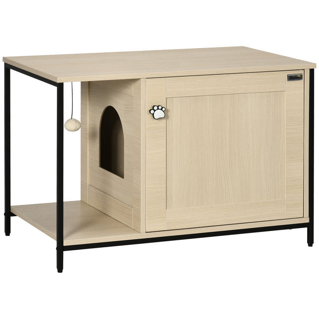 Dulap pentru pisici Toaletă pentru pisici în design dulap, cu minge de joacă și masă laterală, stejar, ușă magnetică, 86X48X52Cm