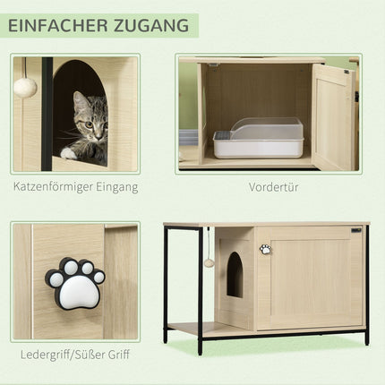 Dulap pentru pisici Toaletă pentru pisici în design dulap, cu minge de joacă și masă laterală, stejar, ușă magnetică, 86X48X52Cm
