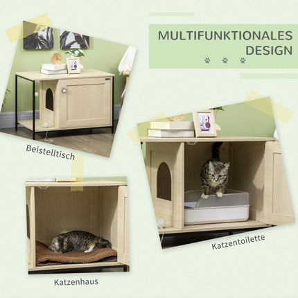 Dulap pentru pisici Toaletă pentru pisici în design dulap, cu minge de joacă și masă laterală, stejar, ușă magnetică, 86X48X52Cm