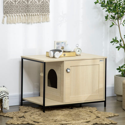 Dulap pentru pisici Toaletă pentru pisici în design dulap, cu minge de joacă și masă laterală, stejar, ușă magnetică, 86X48X52Cm