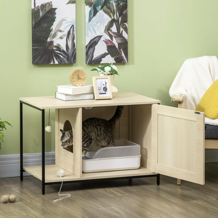 Dulap pentru pisici Toaletă pentru pisici în design dulap, cu minge de joacă și masă laterală, stejar, ușă magnetică, 86X48X52Cm