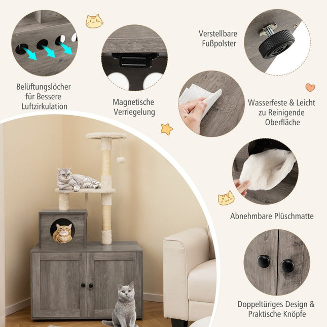 Dulap pentru pisici cu stâlp de zgâriere pentru cutie de gunoi, gri