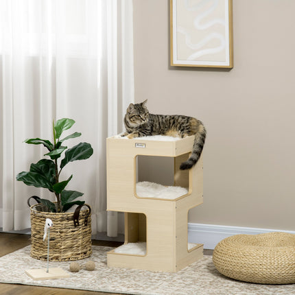 Peșteră pentru pisici 3 niveluri pernă dulap pentru pisici pentru interior Casă pentru pisici Jucărie stejar 34X34X60 Cm