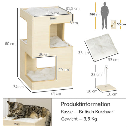 Peșteră pentru pisici 3 niveluri pernă dulap pentru pisici pentru interior Casă pentru pisici Jucărie stejar 34X34X60 Cm