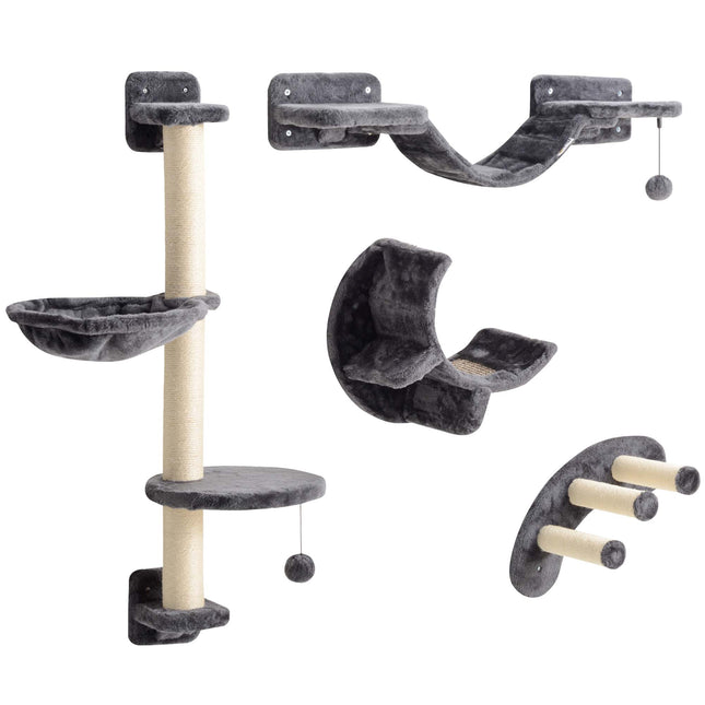 Set de perete de cățărat pentru pisici cu hamac, gri închis, 4 piese