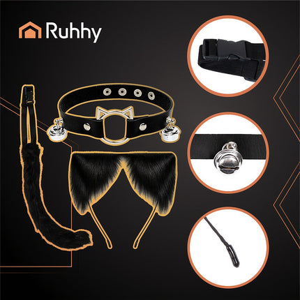 Set costum pisică/vulpe – negru, coadă, urechi, coliere