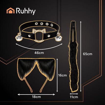 Set costum pisică/vulpe – negru, coadă, urechi, coliere