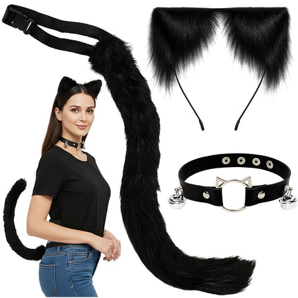 Set costum pisică/vulpe – negru, coadă, urechi, coliere