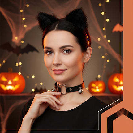Set costum pisică/vulpe – negru, coadă, urechi, coliere