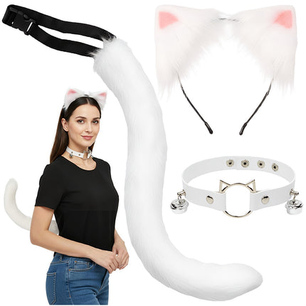 Set costum pisică/vulpe – coadă, urechi, coliere, alb