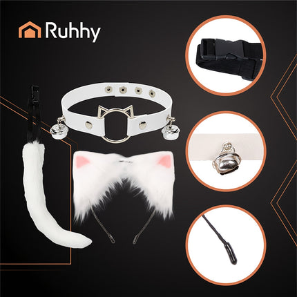 Set costum pisică/vulpe – coadă, urechi, coliere, alb