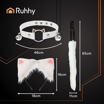 Set costum pisică/vulpe – coadă, urechi, coliere, alb