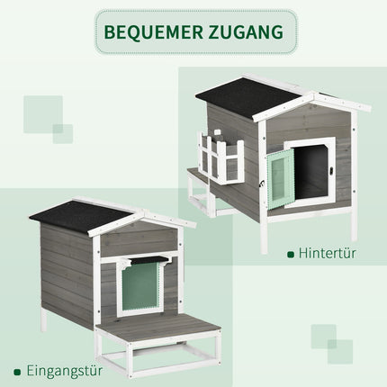 Cat house with terrace & balcony - wood, grey/white