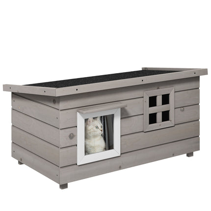 Casă pentru Pisici Cabana Pisici Cu Acoperiș Asfalt Peștera Pisicii Casă pentru Animale Mici Cu Fereastră În aer liber Rezistent la iarnă Lemn de brad Gri Negru 87 X 52 X 48 Cm