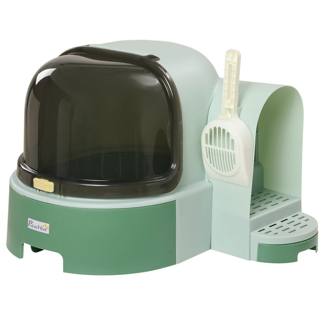 Large cat litter box, pull-out compartments, hood, green