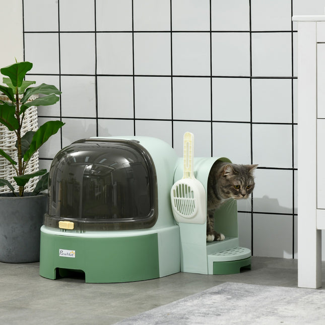 Large cat litter box, pull-out compartments, hood, green
