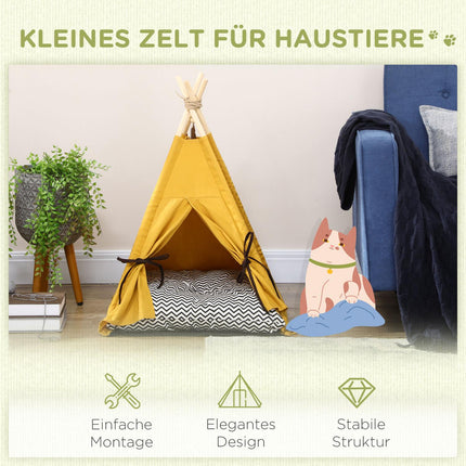 Indoor cat & dog Tipi tent bed, pine, yellow pillow