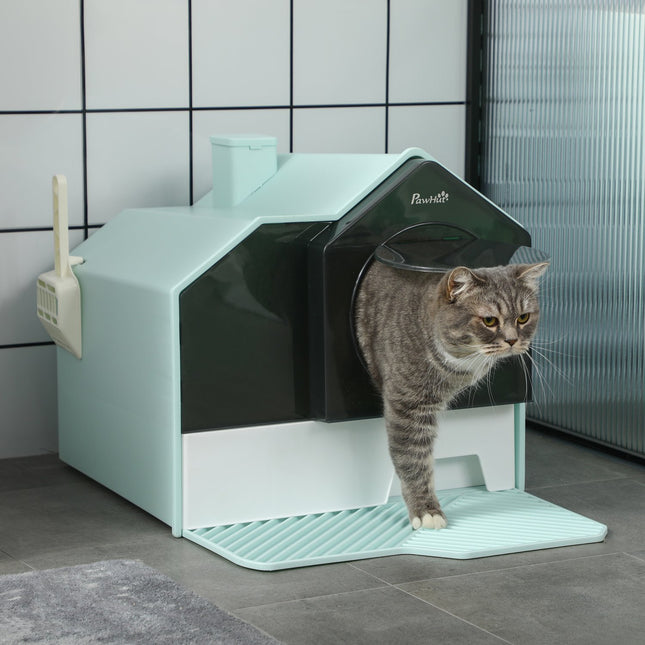 Litier pentru pisici cu tavă de bază, linguriță și filtru, toaletă cu glugă, albastru deschis, pentru pisici de până la 5 kg, 47 x 45 x 42 cm