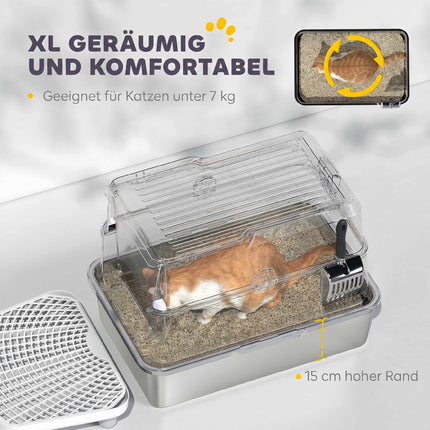 Litiera pentru pisici, XL, din oțel inoxidabil închis, cu lingura, gri
