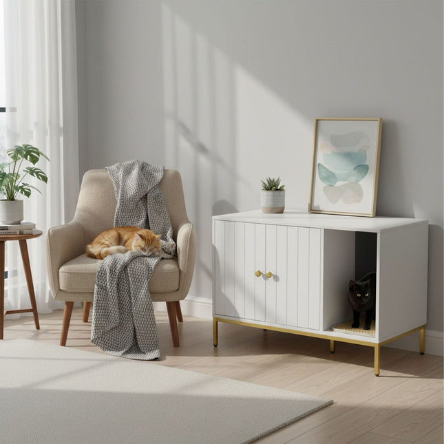 Litieră pentru pisici – aspect lemn, cadru metalic, design cu 2 uși